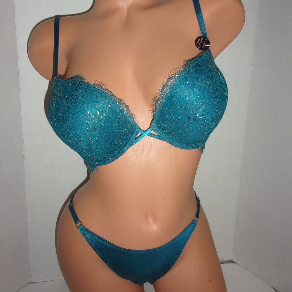 Victoria's Secret Bombshell + 2 cups teal & gold chantilly lace bra & brazilian